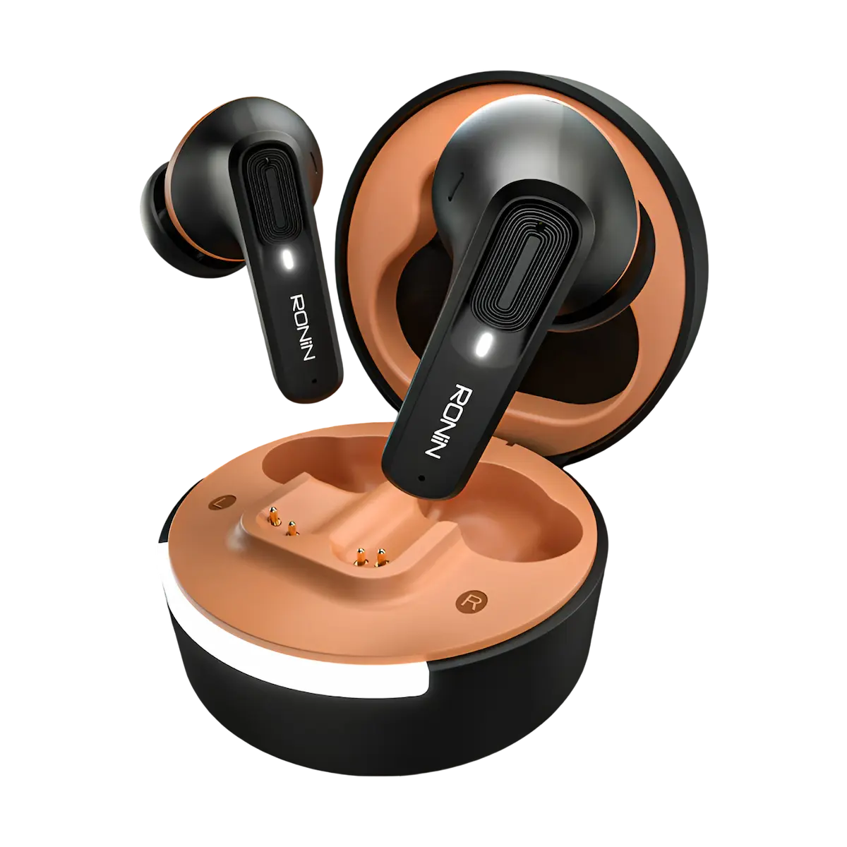 Ronin R-7100 – Case Open Ronin Mellow R-7100 earbuds lifted slightly out of the charging case