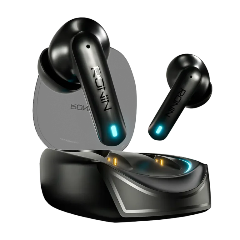 Ronin Dynasty R-520 earbuds lifted slightly out of the charging case
