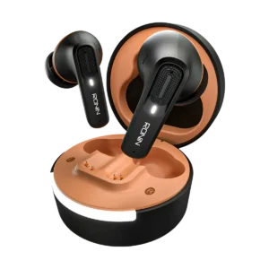 Ronin Mellow R-7100 earbuds lifted slightly out of the charging case