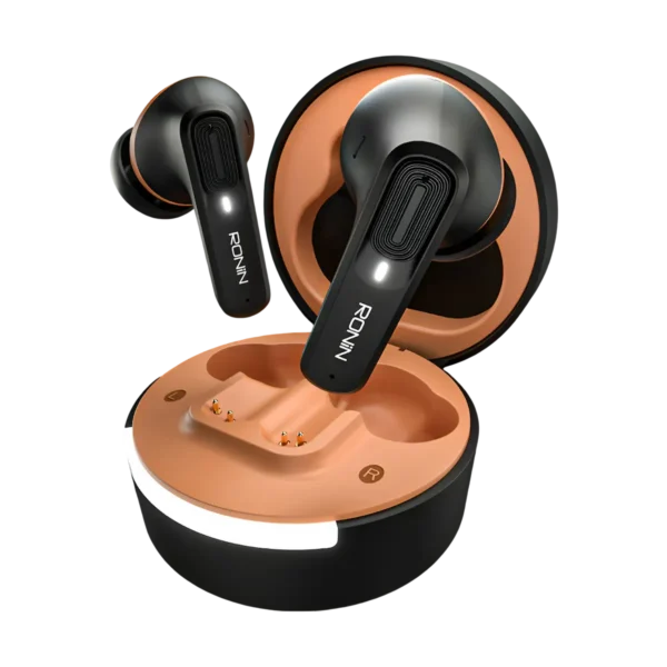 Ronin Mellow R-7100 earbuds lifted slightly out of the charging case