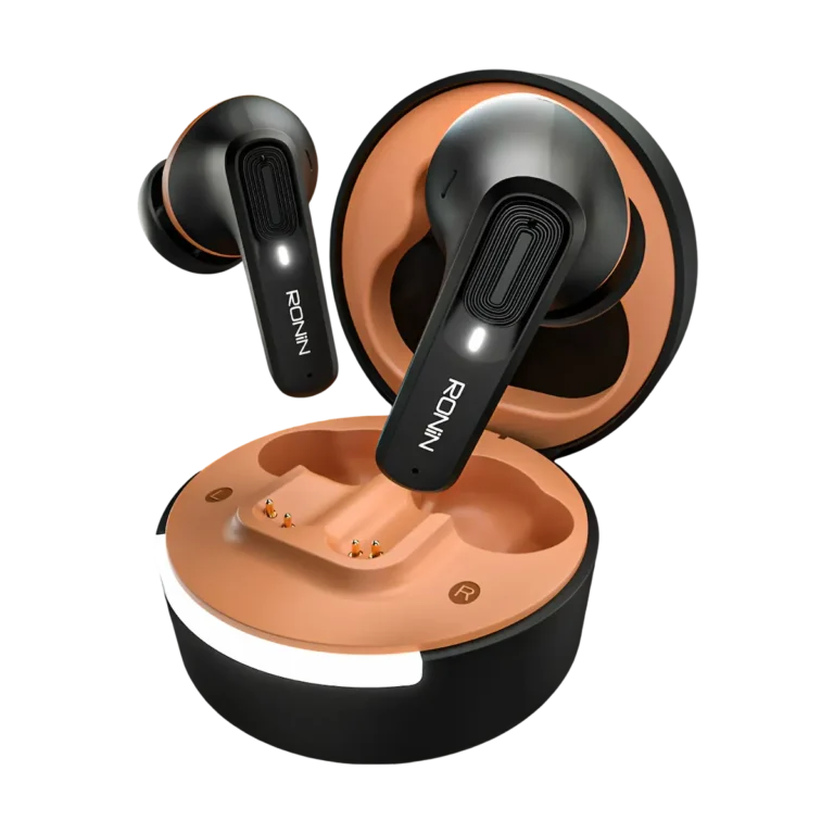 Ronin Mellow R-7100 earbuds lifted slightly out of the charging case
