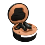 R-7100 charging case opened at a right-side angle with both earbuds visible