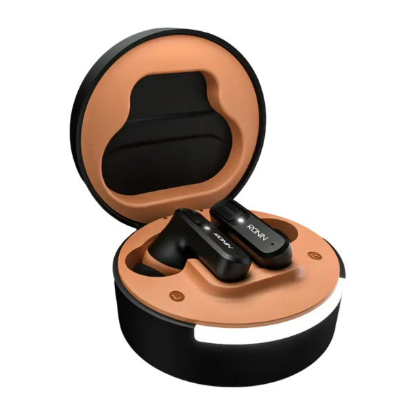 R-7100 charging case opened at a right-side angle with both earbuds visible