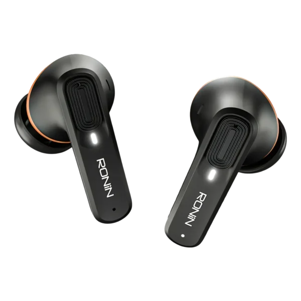 Ronin Mellow R-7100 wireless earbuds showing closely