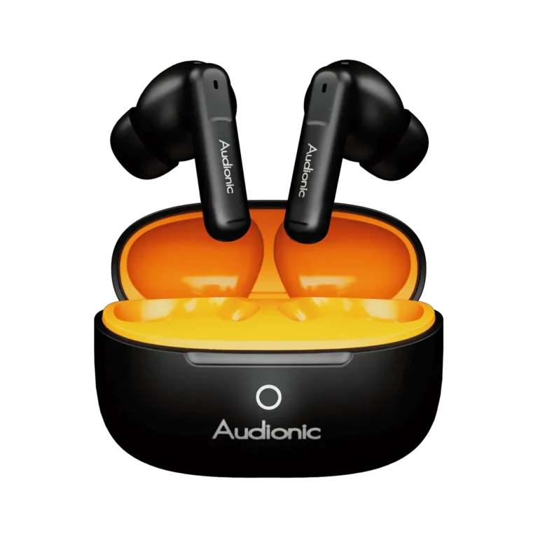 Audionic Airbud 690 ION open charging case front view -Black & orange