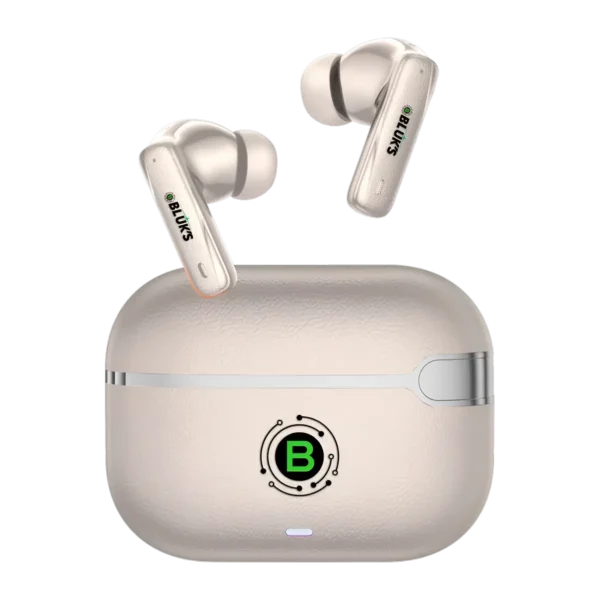 BeatScape BX-607 closed case with earbuds outside in beige color