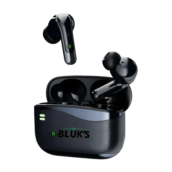 Bluks BX-600 open case with both earbuds