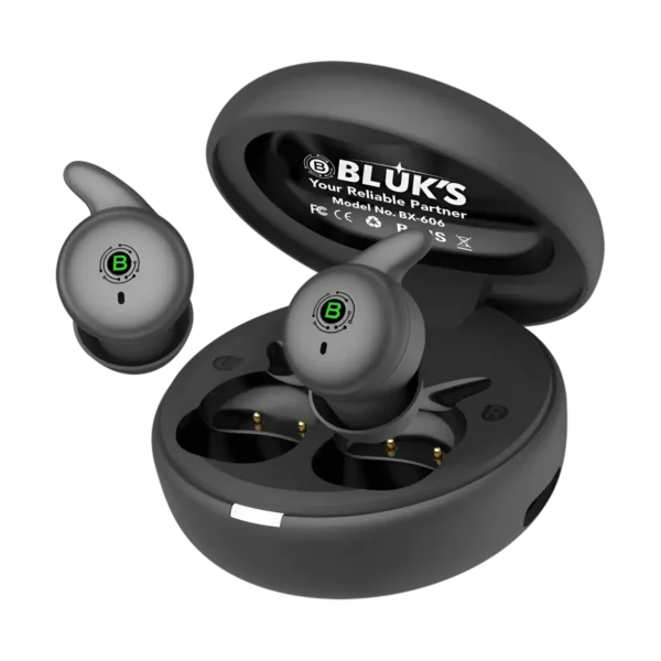 Bluks BX-606 Nano Buds open case with both earbuds