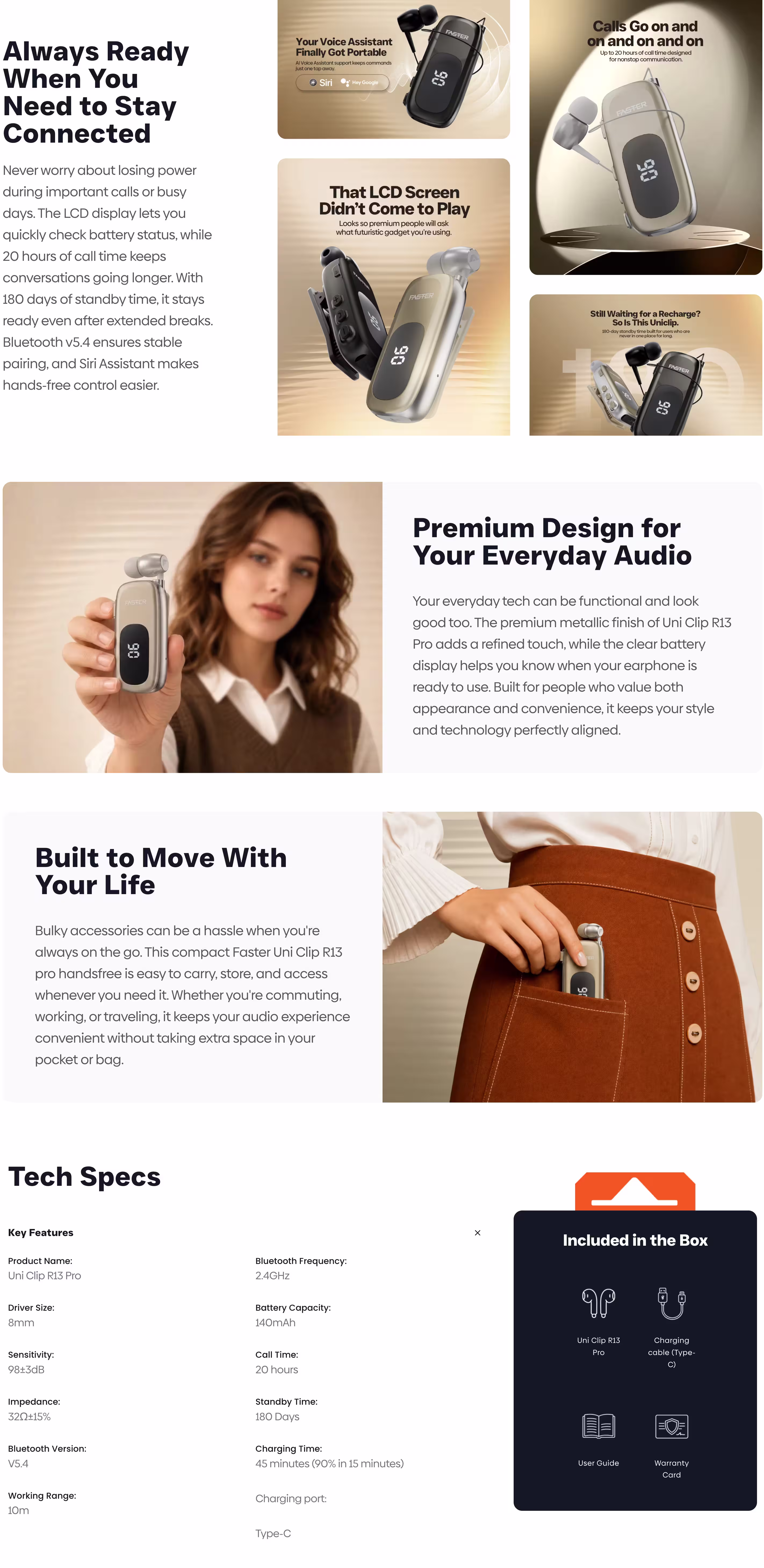 Faster Uni Clip R13 Pro Bluetooth Calling Earphone Infographic