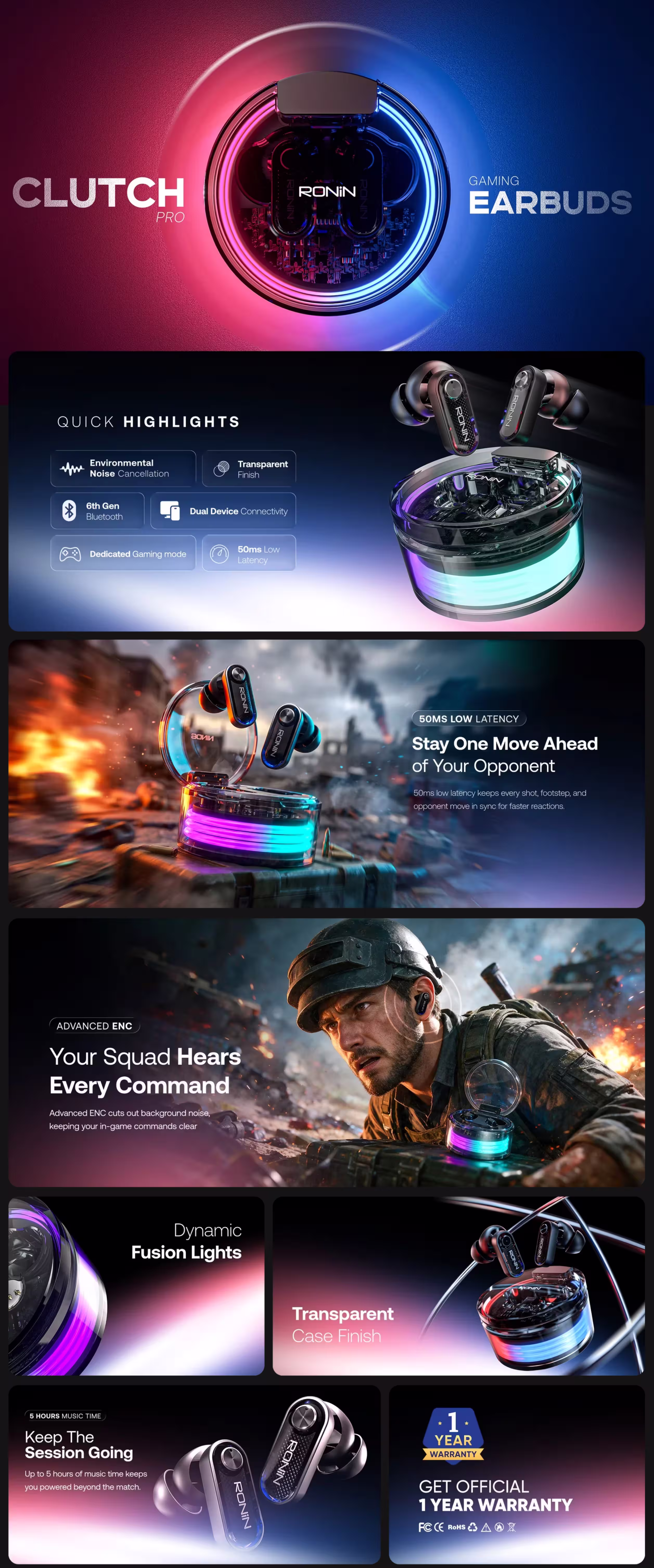 Ronin Clutch Pro R 7165 Earbuds Infographic