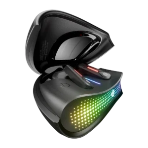 Close-up angled shot of one Zero Arcade Nitro Zbud earbuds with case