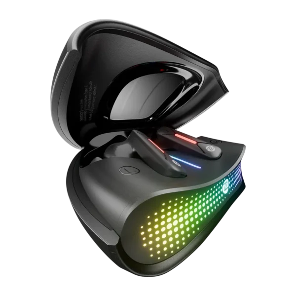 Close-up angled shot of one Zero Arcade Nitro Zbud earbuds with case
