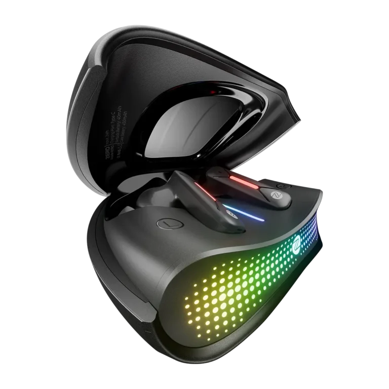 Close-up angled shot of one Zero Arcade Nitro Zbud earbuds with case