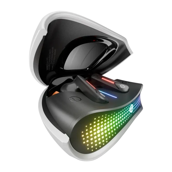 Full set of Zero Arcade Nitro Zbuds in Neon White with matching charging case.