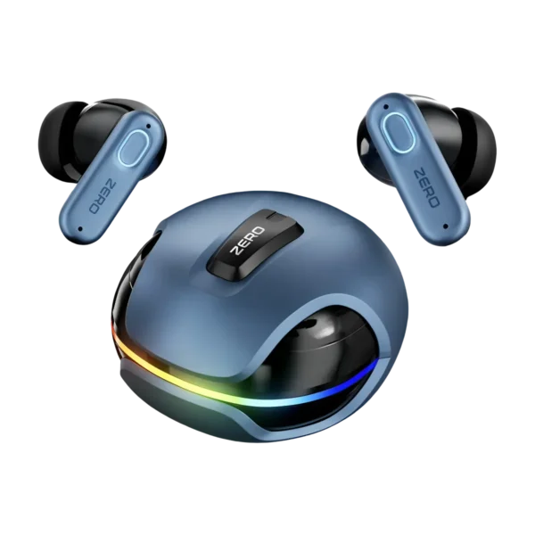 Zero Fusion Earbuds case with both earbuds in blue