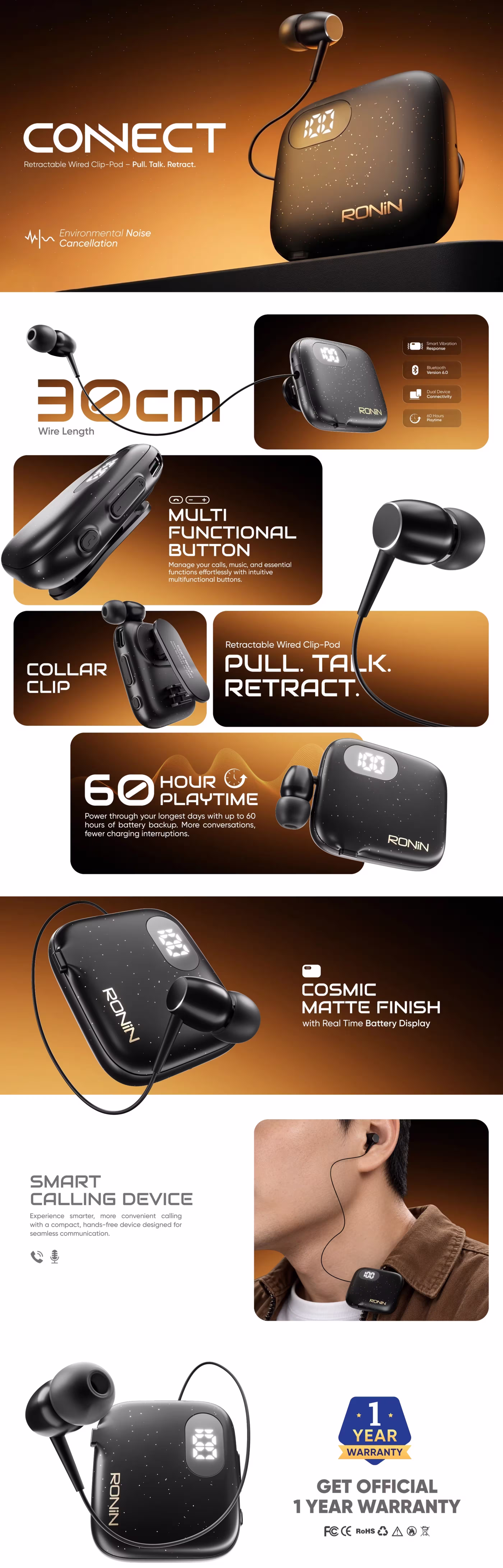 Ronin Connect R 7180 Retractable Calling Earphone Infographic